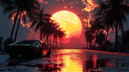Fototapeten Retro Dreamscape Synthwave Sunset with Sports Car © meta-frames