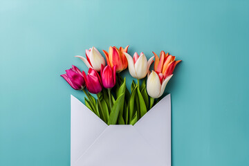 Multicolored tulips peeking from white envelope on light blue background, greeting card template. Envelope with vibrant tulips, spring freshness. Tulip variety in envelope, colorful surprise