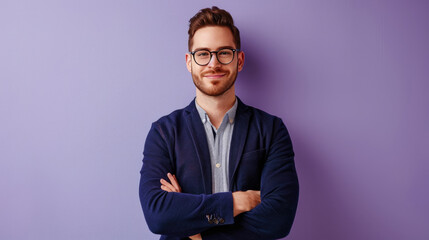 Man is smiling and standing confidently with his arms crossed, set against a plain purple background - obrazy, fototapety, plakaty