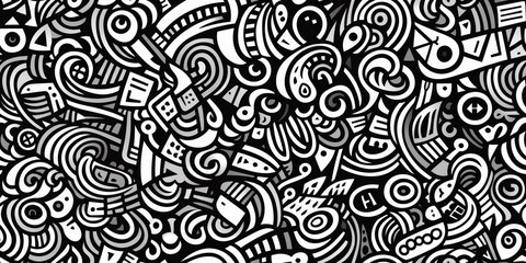 Abstract doodle seamless pattern background, black and white.