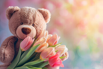 Teddy bear with tender pastel colored tulips over blurred pink blue background with free space, cuddly spring surprise. Cozy plush bear with a bouquet of spring flowers. Birthday greeting or post card