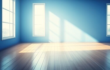 Blue room with sunlight shining through the windows