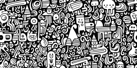 Abstract doodle seamless pattern background, black and white.