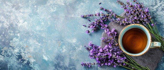 Morning Tea with Lavender Bouquet on Stone Table - Flat Lay