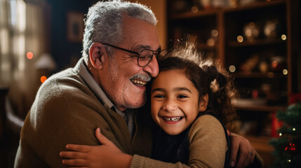 Hug between a grandparent and grandchild sharing a happy family moment - obrazy, fototapety, plakaty