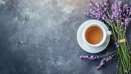 Morning Tea with Lavender Bouquet on Stone Table - Flat Lay
