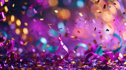 Festive explosion of colorful confetti in mid-air, with a blurred background enhancing the sense of movement and celebration. - obrazy, fototapety, plakaty