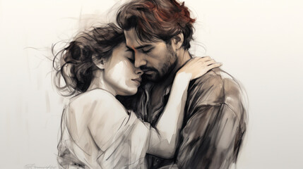 Sketch-style image showing two persons hugging on a neutral background