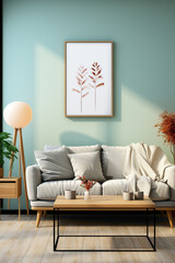 Transport yourself to a stylish modern living room with a beige armchair against a calming blue wall, featuring a mock-up poster that adds a personalized touch to the interior design. 