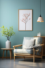 Transport yourself to a stylish modern living room with a beige armchair against a calming blue wall, featuring a mock-up poster that adds a personalized touch to the interior design. 