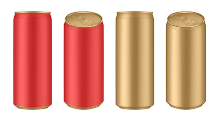 Set of red and gold tin cans of energy drink, juice or soda. Cocktail or fitness drink. Cold beverages. Can top view	