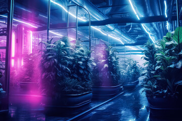Growing vegetables in closed greenhouses with ultraviolet lighting. A stock photo capturing the modern approach to controlled and efficient agriculture - obrazy, fototapety, plakaty