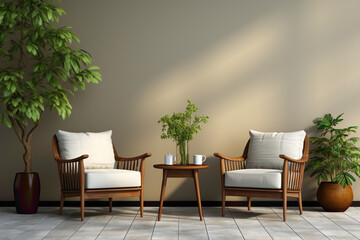 Two chairs and a table with a cute little plant, creating a serene spot against a simple solid wall with a blank empty white frame for your personalized text or artwork.
