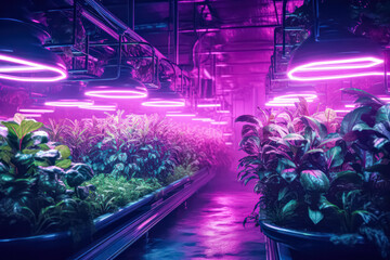 Growing vegetables in closed greenhouses with ultraviolet lighting. A stock photo capturing the modern approach to controlled and efficient agriculture