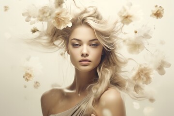 abstract portrait of a girl with beige flowers, double exposure. The concept of natural beauty and romance