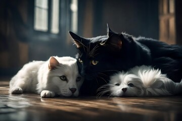 A heartwarming scene unfolds as a black cat and a white dog peacefully lie together on the floor, creating a tender moment of friendship