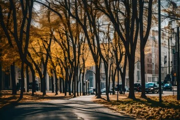 autumn in the park, Trees by road against buildings in city