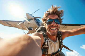 Happy man jumped from the plane with a parachute smiles and gets adrenaline in the sky - obrazy, fototapety, plakaty