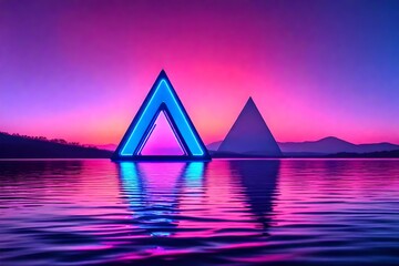 Retro Futuristic Triangular Neon Frame On Lake Synthwave Style Background