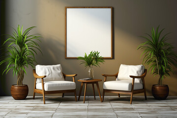 Two chairs and a table with a cute little plant, perfectly arranged against a simple solid wall with a blank empty white frame, creating a cozy corner for relaxation.
