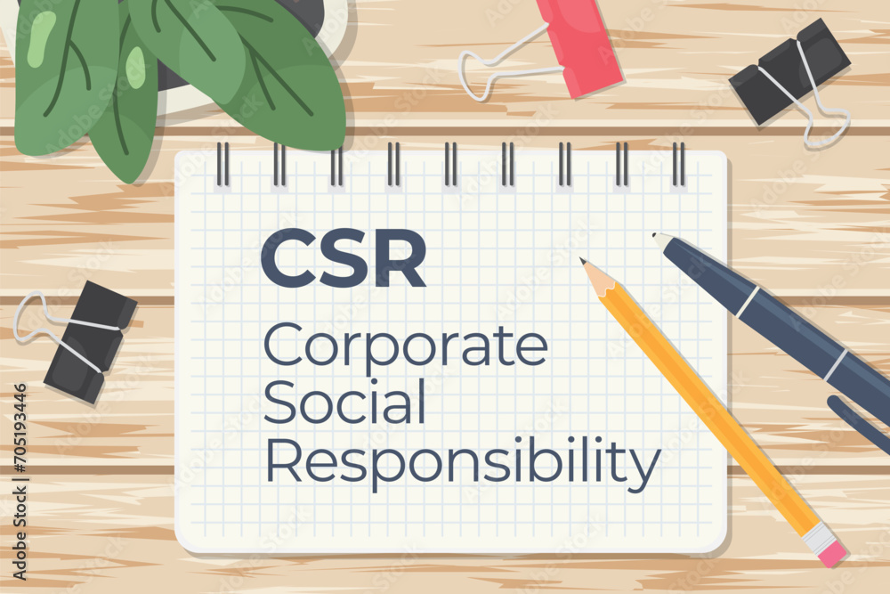 Poster csr corporate social responsibility written on the spiral notebook- vector illustration