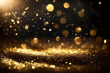 Fototapeta na wymiar Abstract festive dark background adorned with golden glitter and mesmerizing bokeh lights
