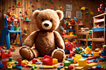  A heartwarming duo of teddy bears stands united, complemented by a heart-shaped balloon, against a soothing light beige background,