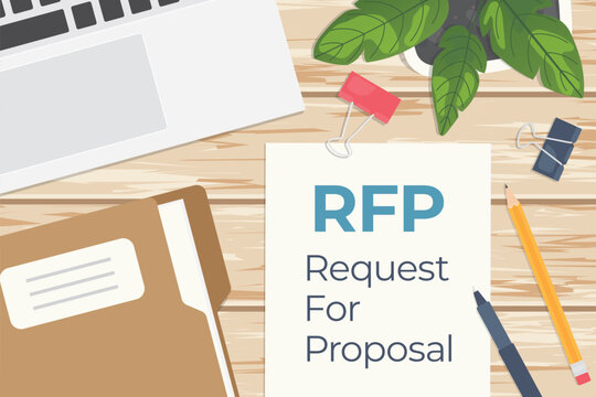 RFP Request For Proposal document, flat lay office composition on wooden desk- vector illustration