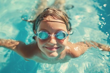 A little swimmer, a girl swims in the pool with goggles for swimming above the water. portrait of a contented child. water treatments, a kind of sport.