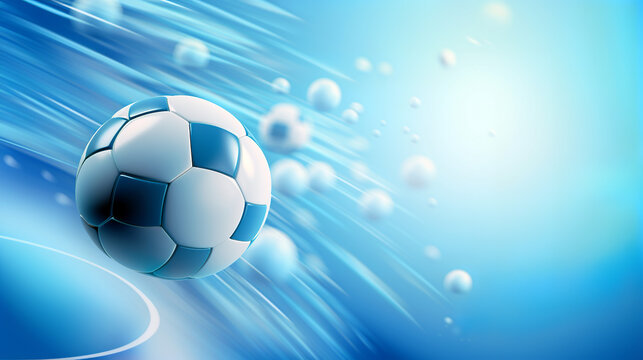 It depicts a classic blue and white soccer ball in motion on a dynamic blue abstract background with light stripes and bubbles suggesting speed and energy with copy space. Sports concept.AI generated.