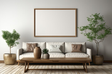 Visualize a minimalist living room featuring a brown sofa and matching table against an empty blank frame, providing a versatile space for personalized text.