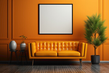Visualize a vibrant space boasting an orange sofa and a suitable table, all against an empty blank frame, ready for your text to take center stage.