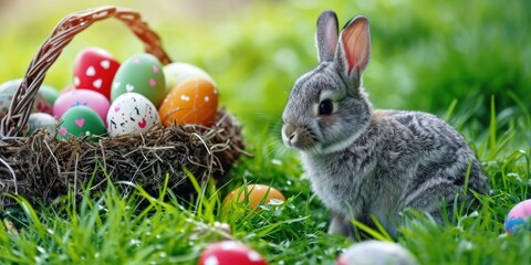 Easter gray bunny and painted multi-colored eggs in a wicker basket on a spring meadow of green grass