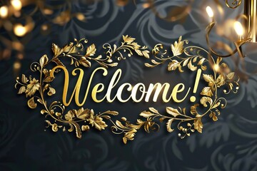 Fototapeta na wymiar Golden Elegance Awaits: Elevate your projects with our 'Welcome!' golden text design. It's not just an invitation; it's an introduction to luxury and sophistication.