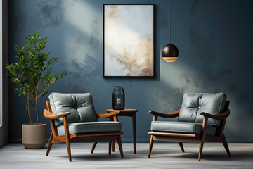 Visualize the simplicity of a setting featuring dark blue and grey chairs arranged against a blank wall. 