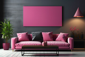 Picture a contemporary living room adorned with a dark pink sofa and a stylish table, framed by an empty canvas for text customization.
