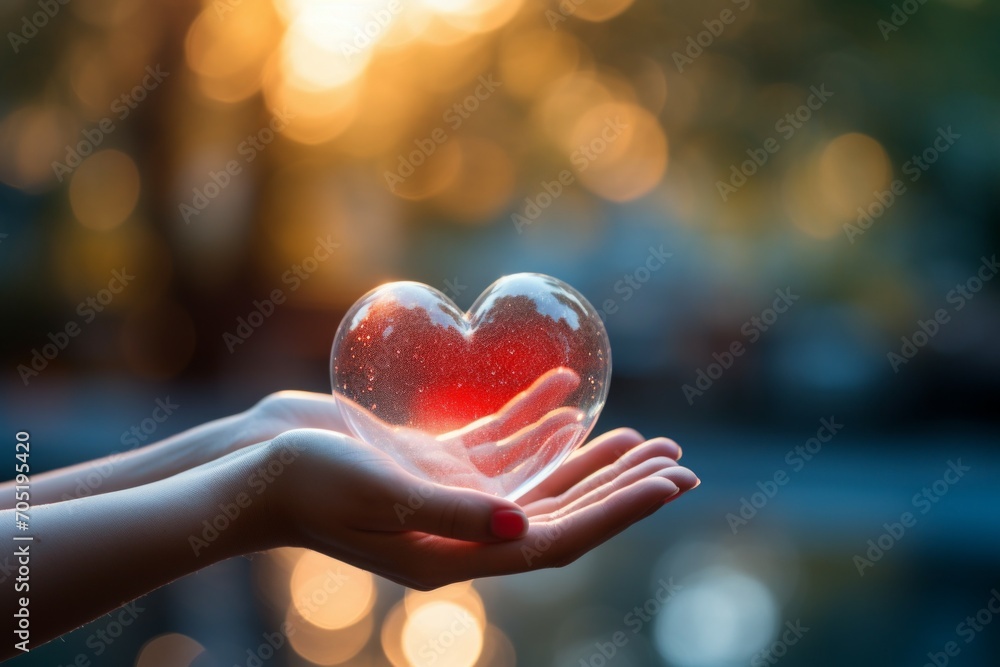 Poster heart in hands. background with selective focus and copy space