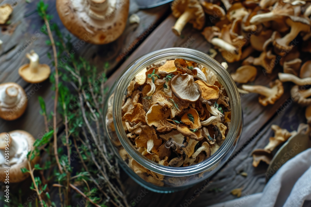 Poster jar for storing dried mushrooms. background with selective focus and copy space