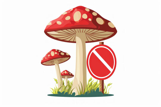 Mushrooms in drawing or illustration style, prohibition concept. Background with selective focus and copy space