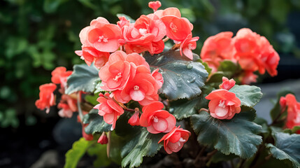 Fototapeta premium Begonia, a beautiful indoor plant with unique flowers. A captivating stock photo capturing the botanical elegance and decor potential of this stunning plant