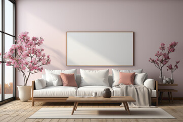 Fototapeta na wymiar A modern and stylish living room mockup featuring solid colorful elements and a blank empty frame, creating an elegant and high-definition scene for your copy.