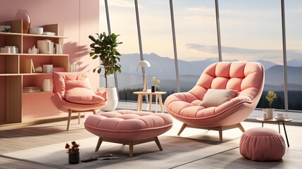 A pink living room with a large pink chair, ottoman, and a small pink chair