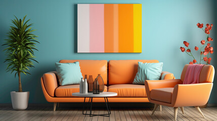 A modern living room filled with bright colors and a strategically placed blank empty white frame, providing a canvas for personal expression and creativity.