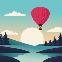 Vector flat landscape with river and hot air balloon.
