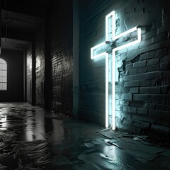 Iglesia con una cruz en el interior, de luz neón blanca, pasillo lúgubre, oscuro, en tonos grises, sensación de humedad, agua, testigo o símbolo religioso - obrazy, fototapety, plakaty