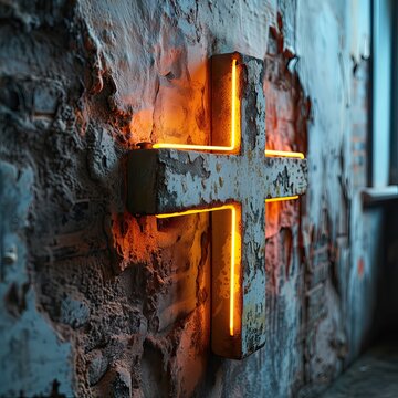Cruz de ladrillo y luz de ne&oacute;n naranja, arte religioso, llamado a la participaci&oacute;n, costumbres y cultura,  sobre una pared de ladrillos ajada por el tiempo, tonos grises azulados, vista lateral