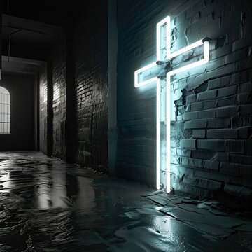 Iglesia con una cruz en el interior, de luz ne&oacute;n blanca, pasillo l&uacute;gubre, oscuro, en tonos grises, sensaci&oacute;n de humedad, agua, testigo o s&iacute;mbolo religioso