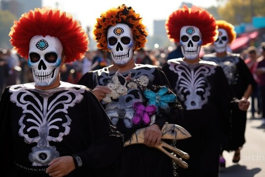 Unidentified participants on a carnival of the Day of the Dead. The Day of the Dead. Dia de los Muertos. Mexican Holiday. People take part in the celebration of the Dia de los Muertos. 