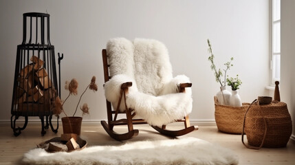 Scandinavian home: wooden stove, firewood, old rocking chair in living room corner. Rag carpet on oiled floor. White sheepskin in chair. 