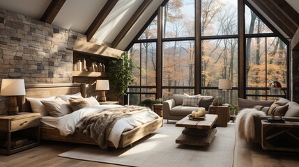 Modern bedroom interior with large windows overlooking forest